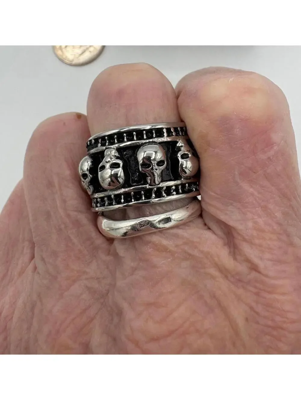 Men's stainless steel with black enamel chunky skull head band ring